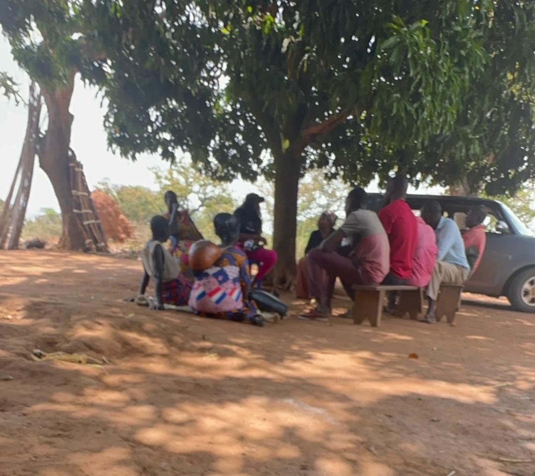 A women's cooperative and community meeting under a mango tree in Kitgum District